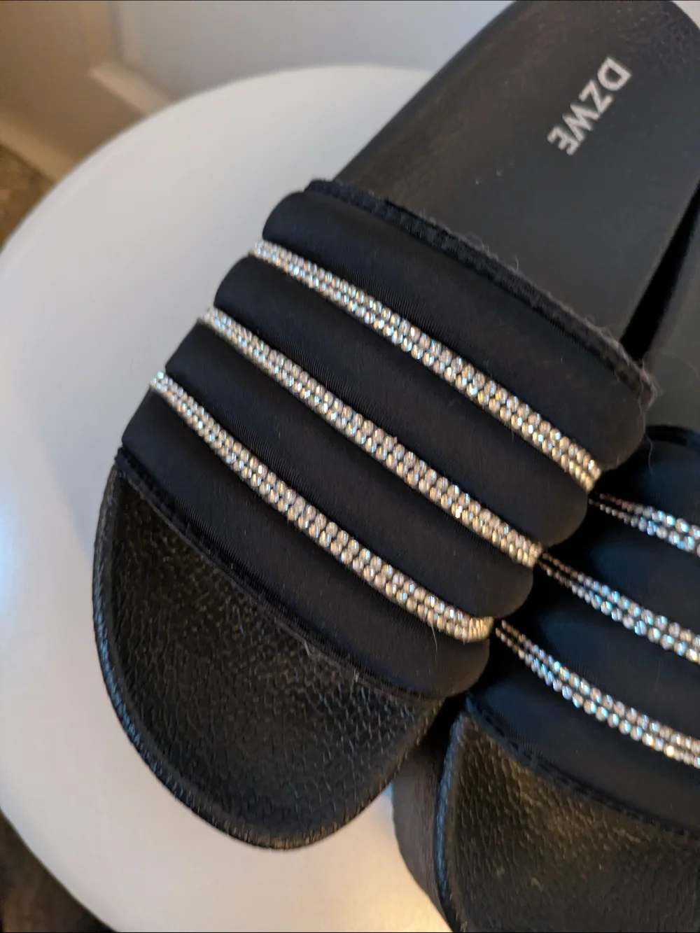 Like New Black Platform Slide Sandals with Rhinestone Straps